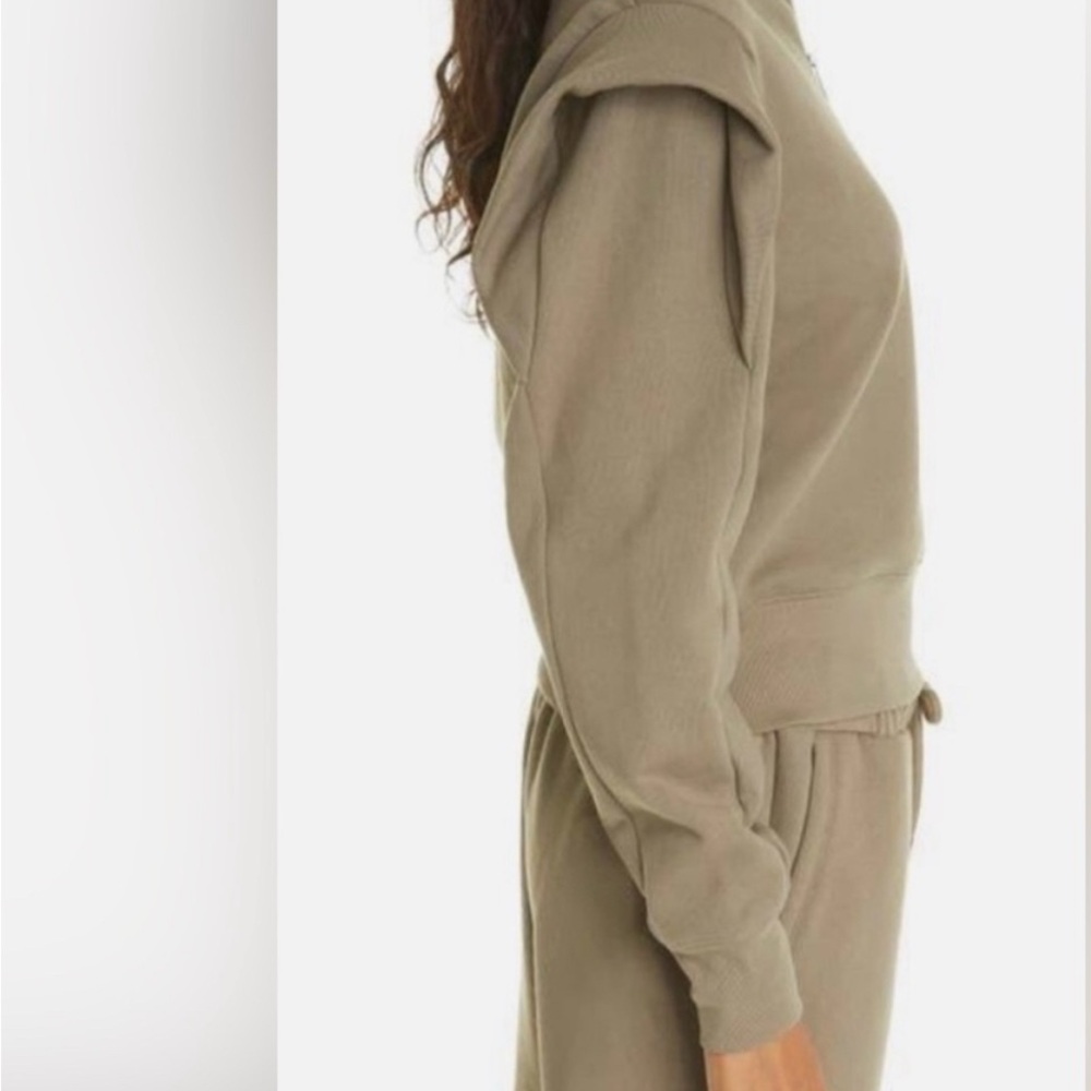 FRAME Sporty Half Zip Ruffle Shoulder Detail Sweatshirt Military Green S EUC - Picture 3 of 14